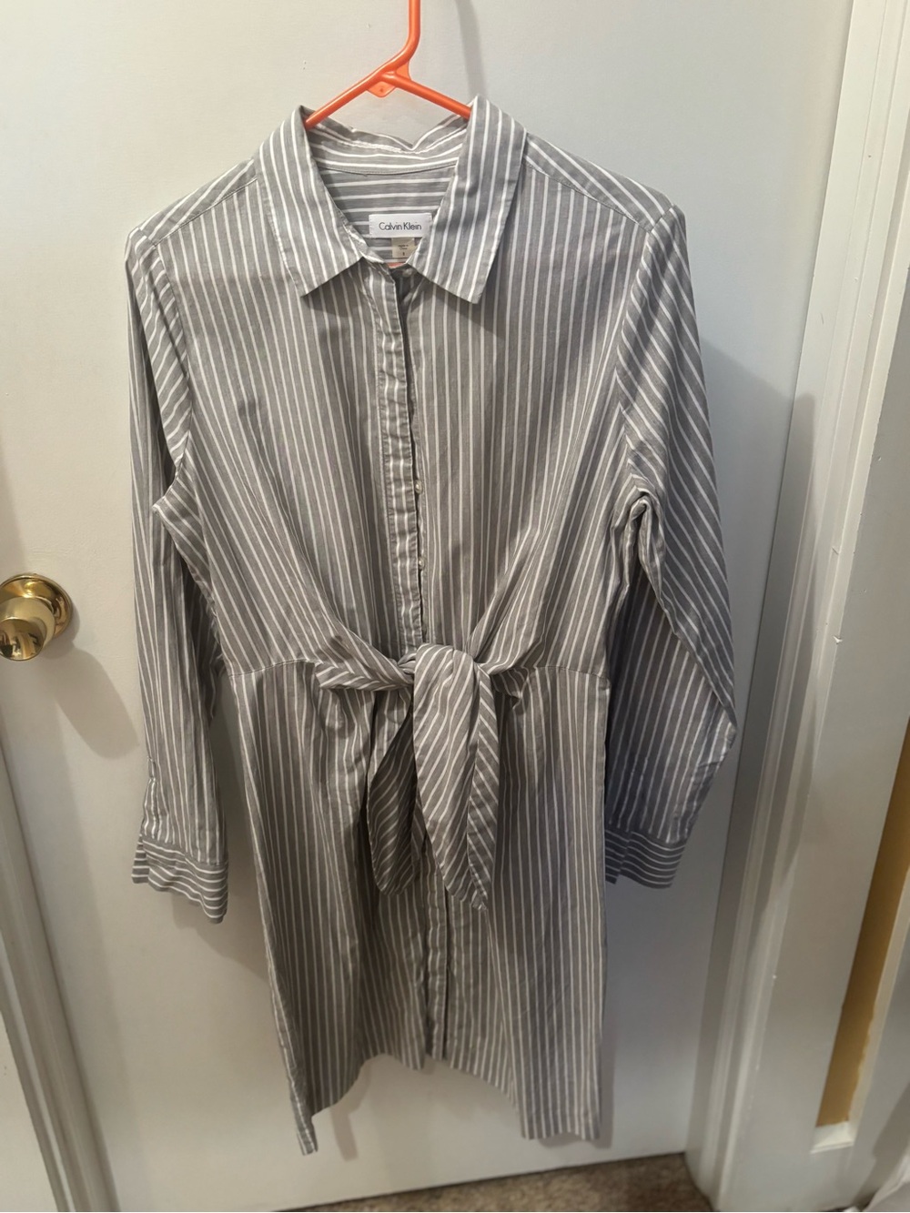 Calvin Klein Gray and White Striped Tie-Front Button-Down Shirt